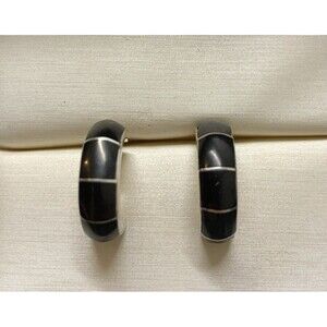 Sterling Silver Black Onyx Inlaid Half Hoop Earrings Vintage